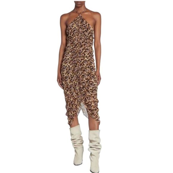 ISABEL MARANT ÉTOILE Valdi Print Ruched Chiffon Midi Dress In Ochre - Picture 1 of 12